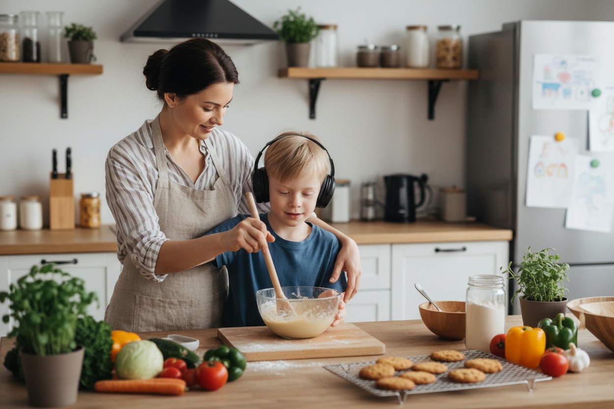 Imagem de uma mãe e uma criança autista preparando alimentos juntas na cozinha, demonstrando acolhimento, paciência e vínculo familiar.