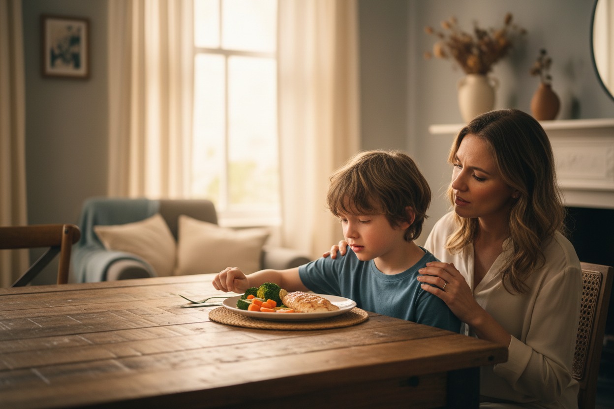 Imagem de uma criança autista sentada à mesa observando um prato de comida com desconforto, enquanto a mãe demonstra preocupação.