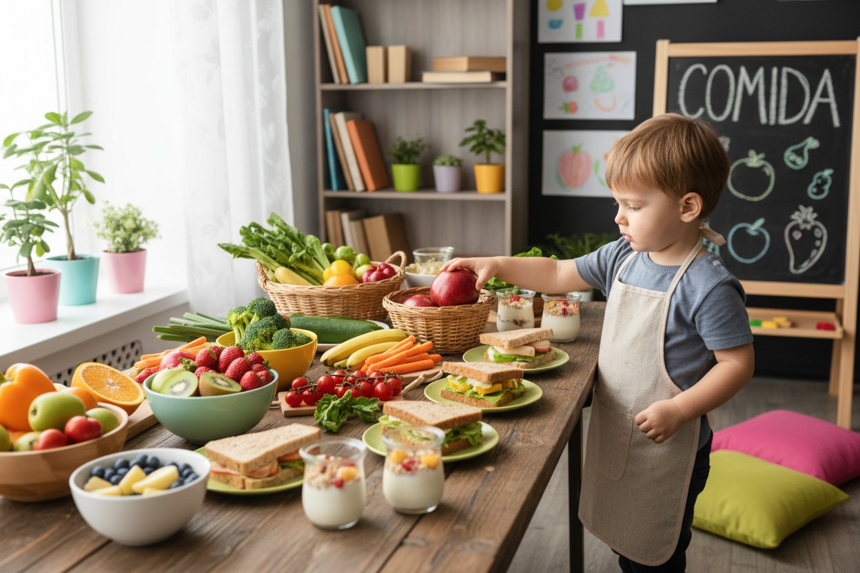 Imagem de diversos alimentos coloridos sobre uma mesa, enquanto uma criança escolhe apenas um item específico. 