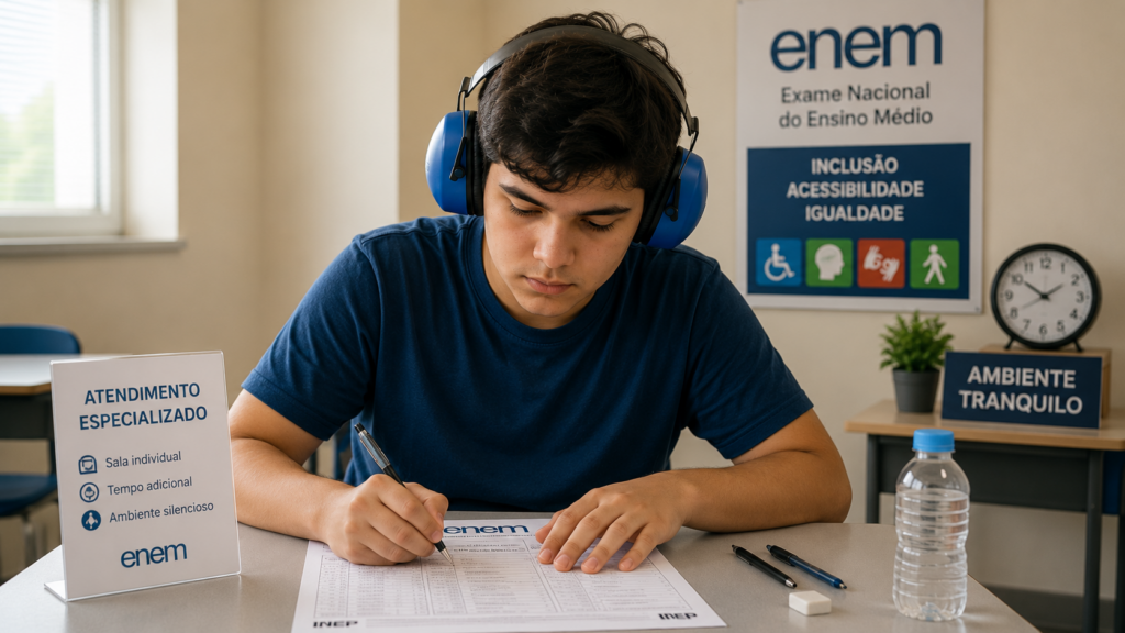 Estudante utilizando adaptações no ENEM para autistas com abafador de ruídos