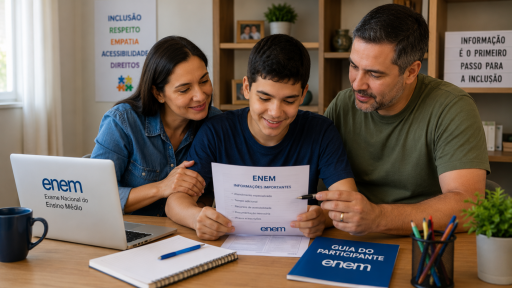 Família orientando estudante sobre adaptações no ENEM para autistas
