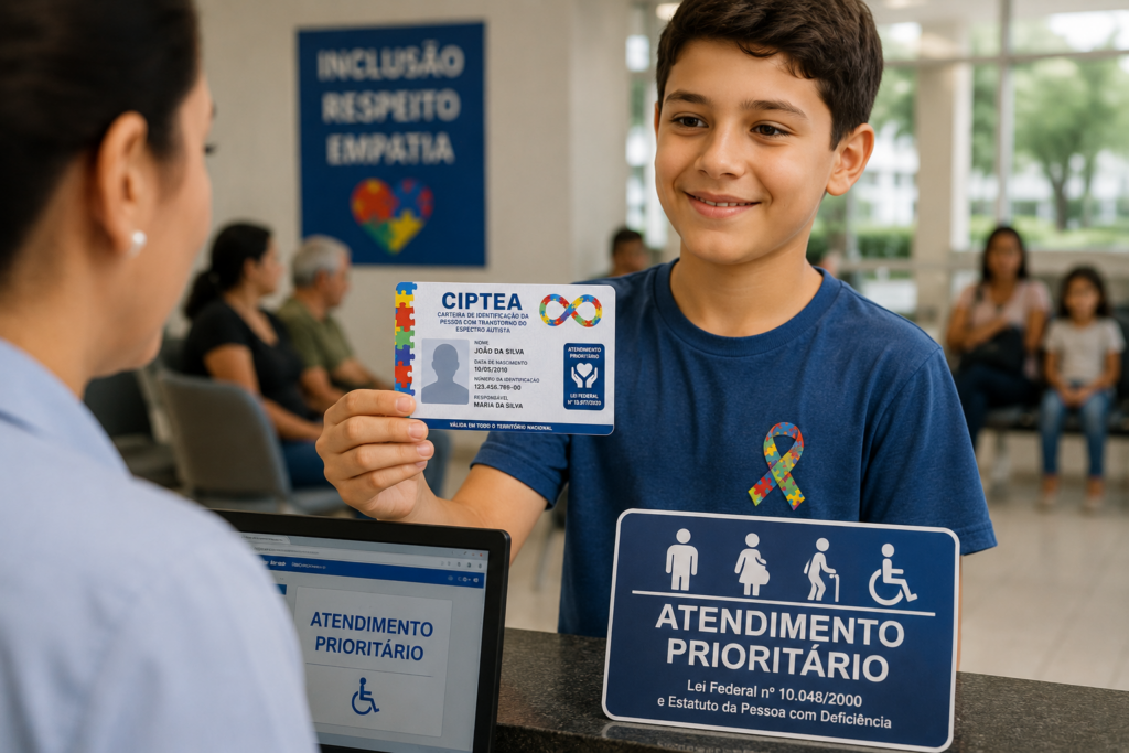 [IMAGEM 3] ALT: Pessoa autista utilizando a CIPTEA para atendimento prioritário