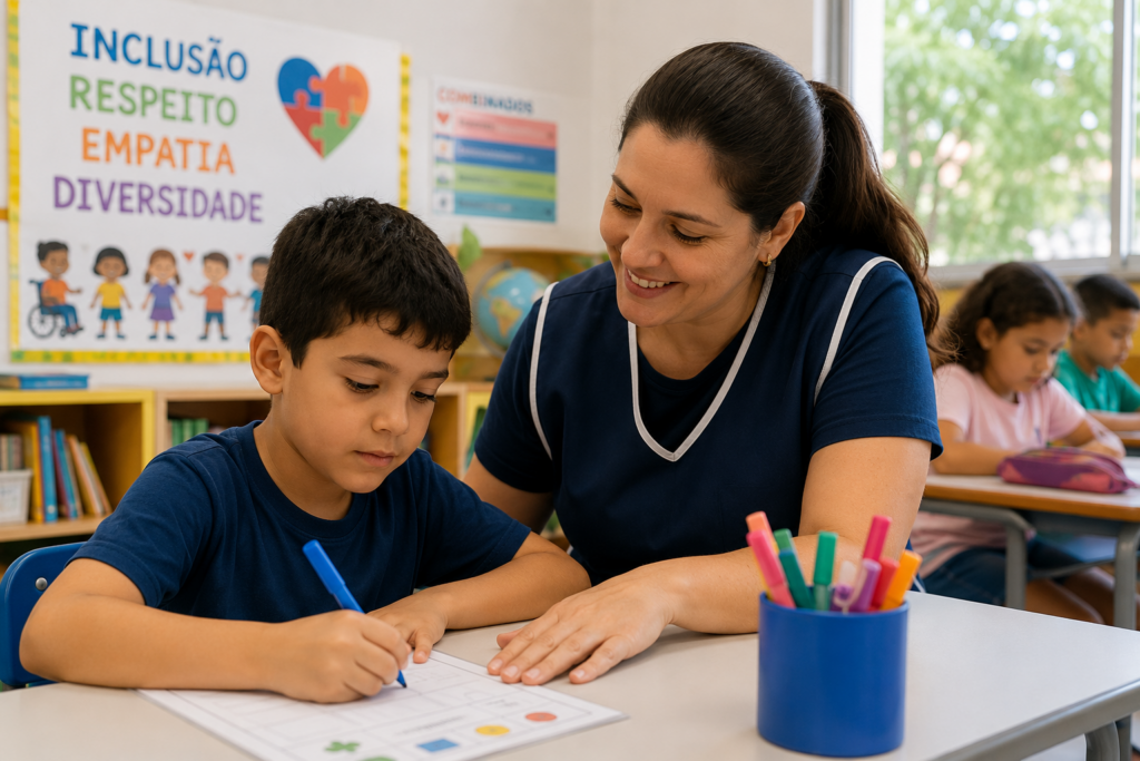 Criança autista em sala de aula inclusiva acompanhada por profissional de apoio.