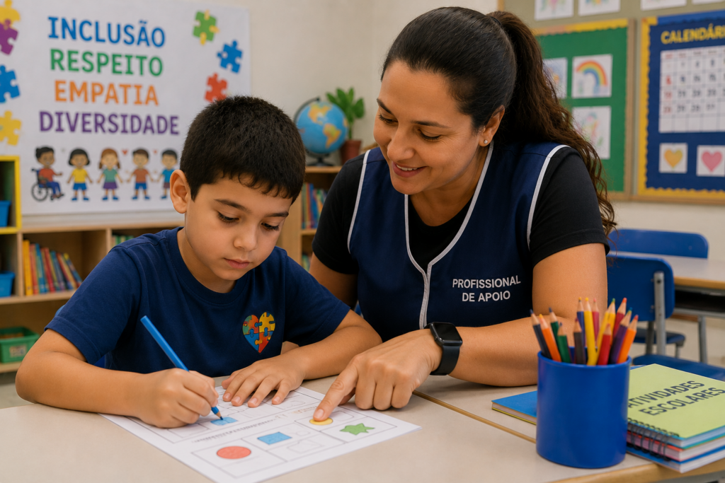 Profissional de apoio auxiliando aluno autista durante atividade escolar
