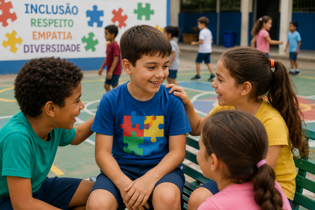 Criança autista participando de atividade escolar com apoio inclusivo