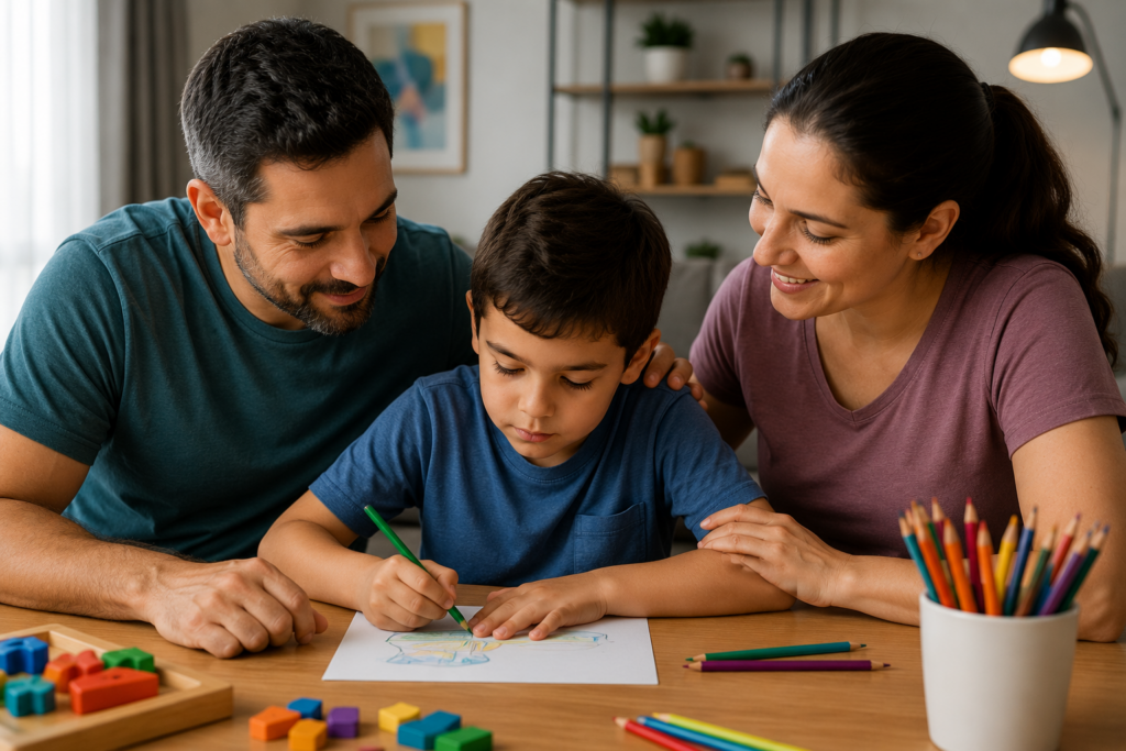 Família apoiando criança autista nível 2 em casa.