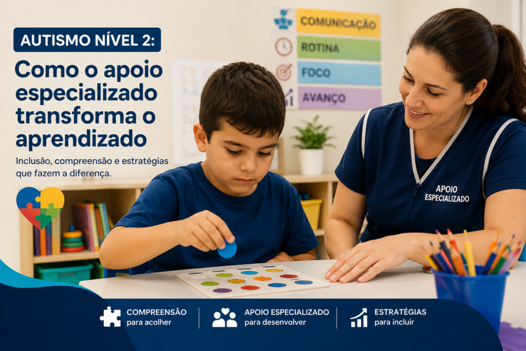 Profissional auxiliando criança autista nível 2 durante atividade de aprendizagem