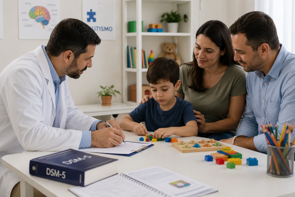 Médico explicando diagnóstico para pais de uma criança autista em consultório moderno