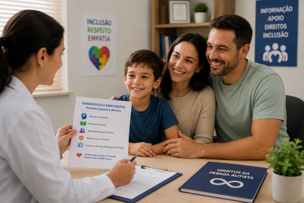 Família reunida durante consulta médica para obtenção do laudo de autismo