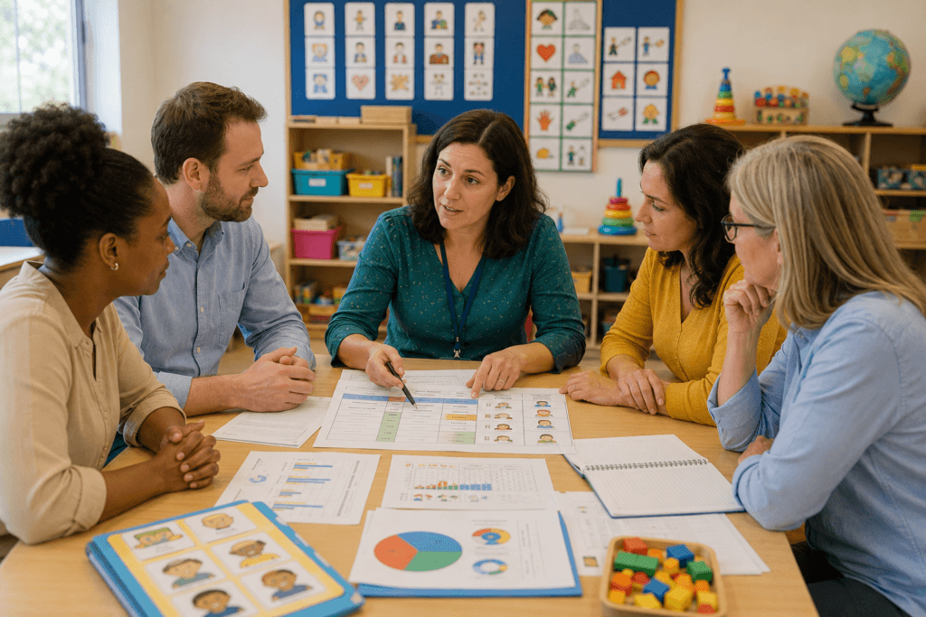 Equipe escolar elaborando PEI para autistas durante reunião pedagógica entre pais e professores