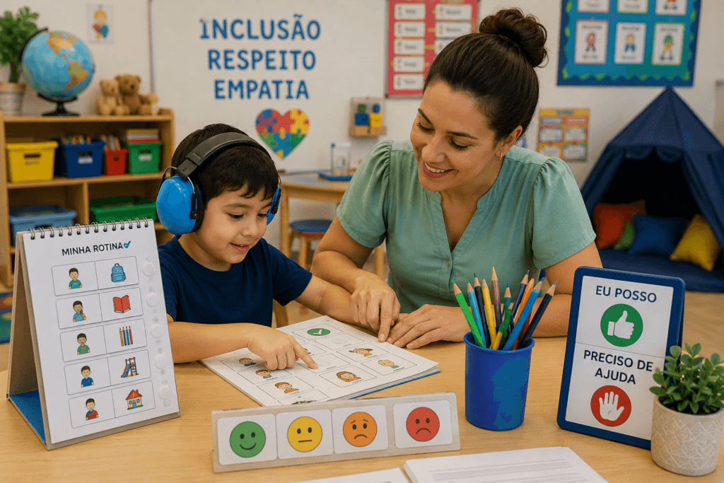 Aula colorida e inclusiva com apoio visual.