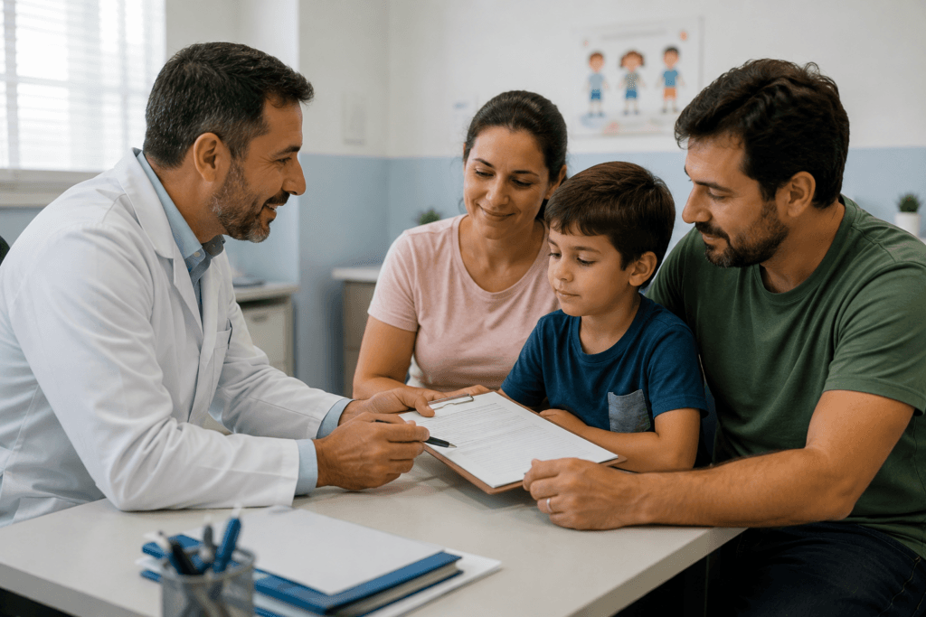 Família recebendo laudo de autismo e orientações sobre direitos garantidos por lei