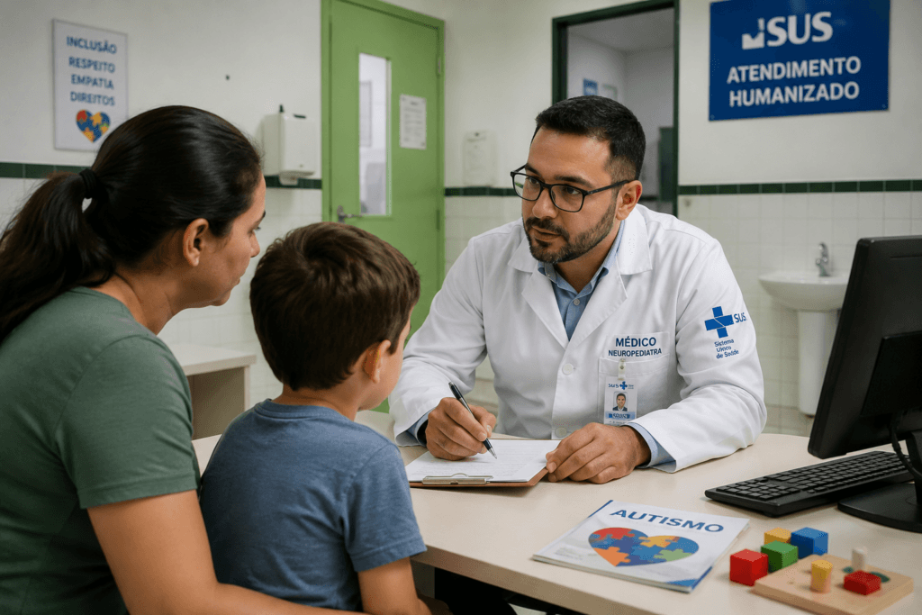 Médico especialista avaliando criança durante processo de diagnóstico de autismo pelo SUS