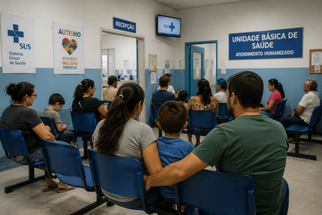 Família aguardando atendimento para avaliação de autismo em unidade de saúde