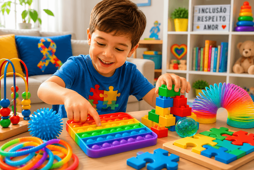 Criança autista brincando com brinquedos sensoriais em ambiente acolhedor
