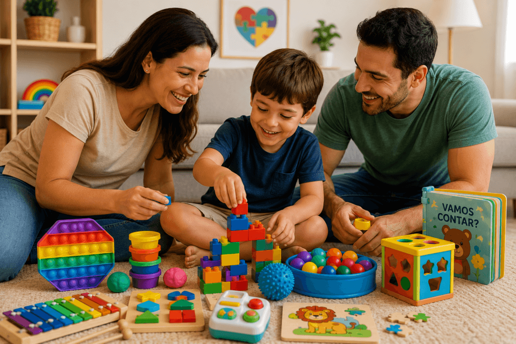 Família brincando com criança autista em momento de interação e aprendizado