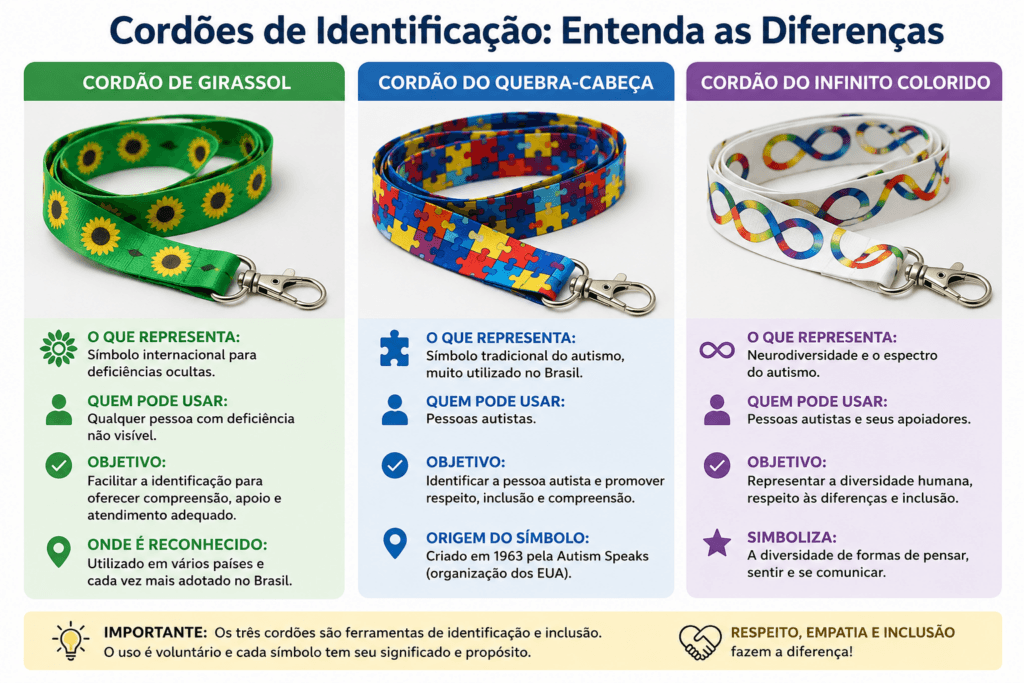 comparação entre cordão girassol,cordão do autismo, e infinito