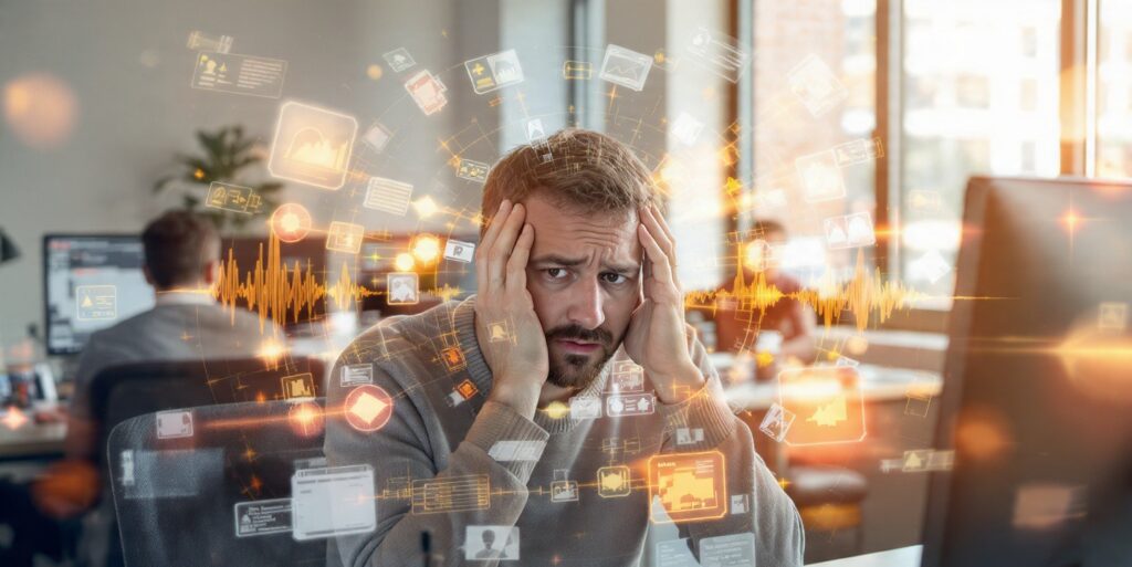 adulto autista sobrecarregado no trabalho, no meio do desenvolvimento .