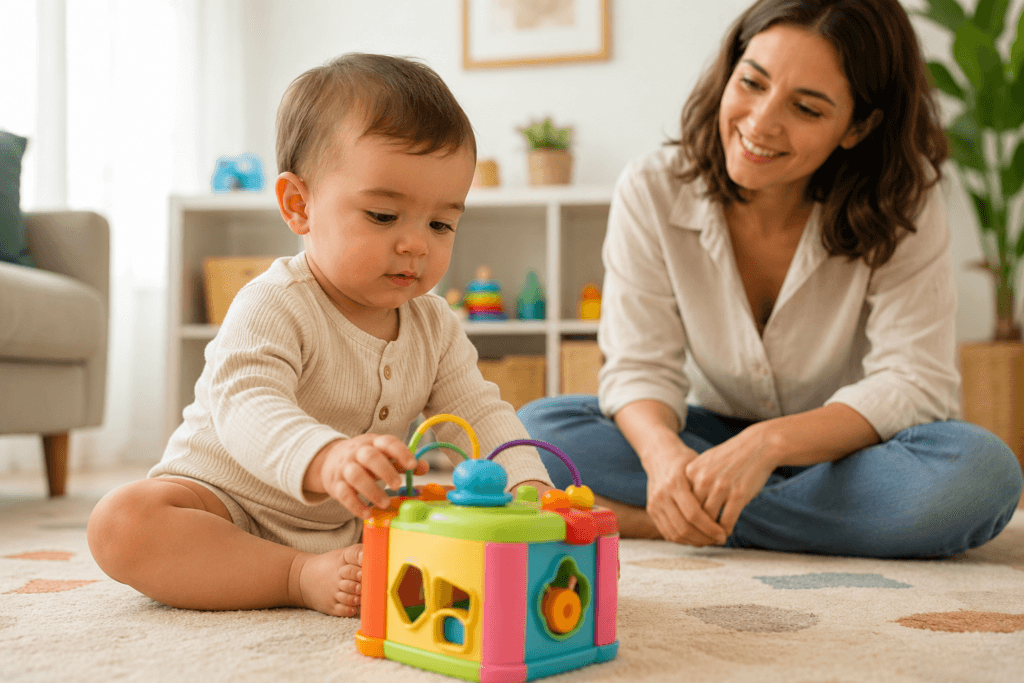 sinais de autismo em bebê de 1 ano - bebê brincando com adulto observando ao fundo