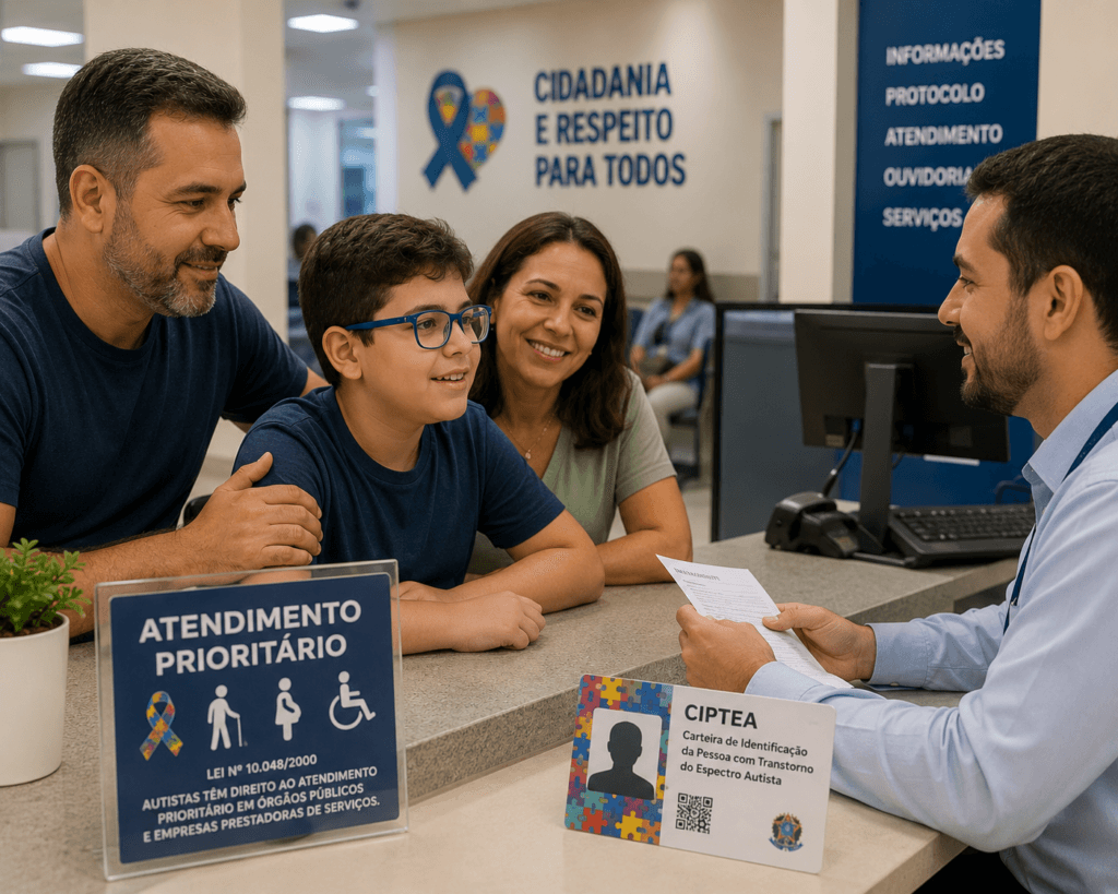 níveis de autismo e direitos - pessoa autista sendo atendida com prioridade em órgão público