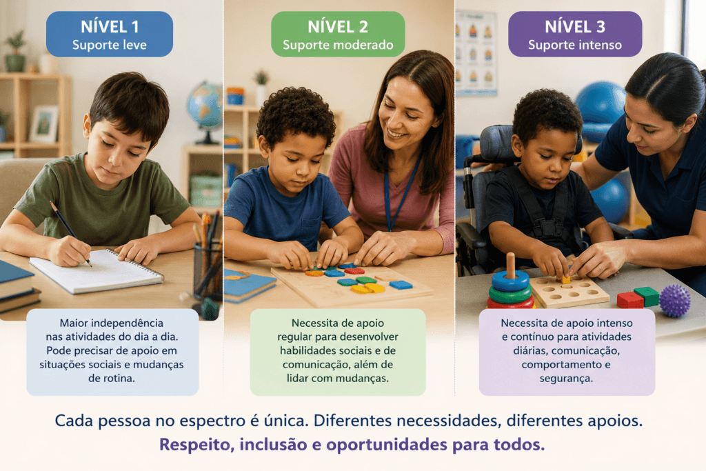 níveis de autismo - crianças autistas com diferentes necessidades de suporte