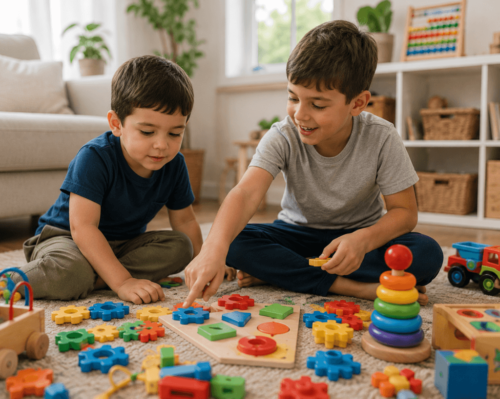 brincadeiras para estimular comunicação no autismo - irmãos brincando juntos com peças coloridas