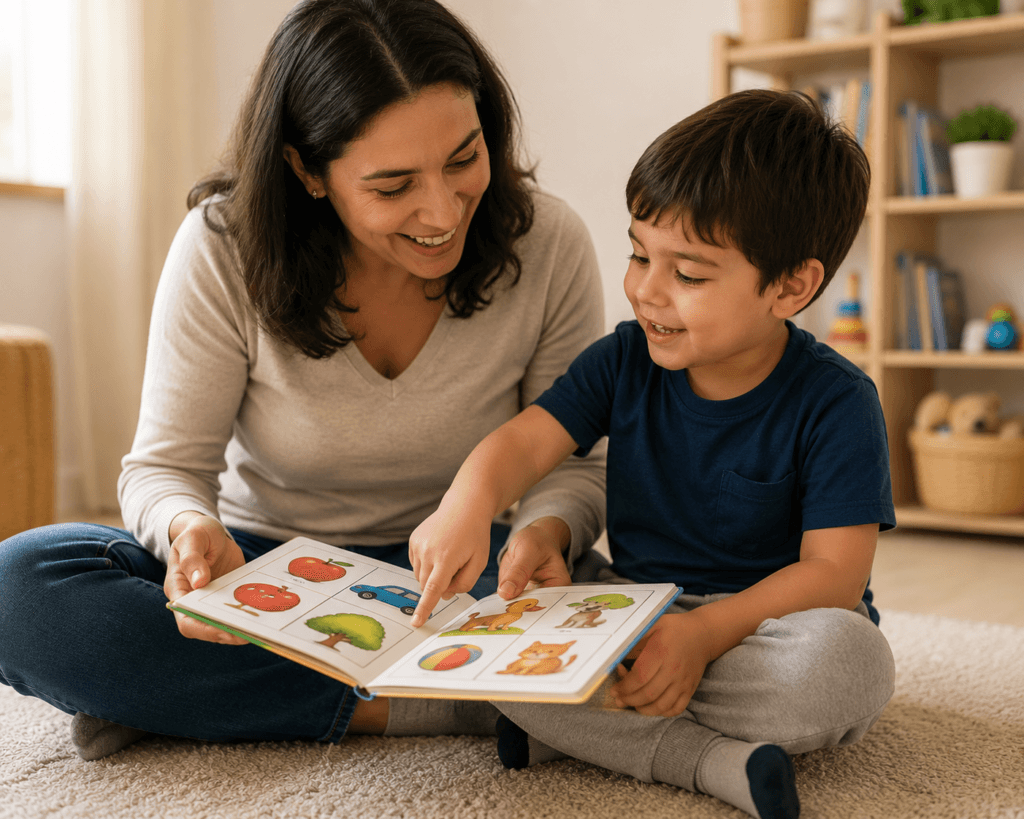 brincadeiras para estimular comunicação no autismo - mãe e criança compartilhando atenção com livro