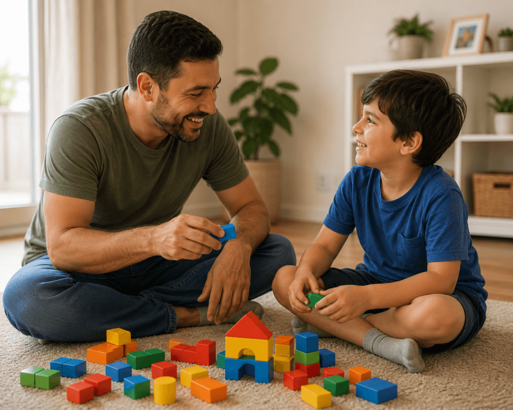 brincadeiras para estimular a comunicação no autismo - pai brincando com criança autista em casa.
