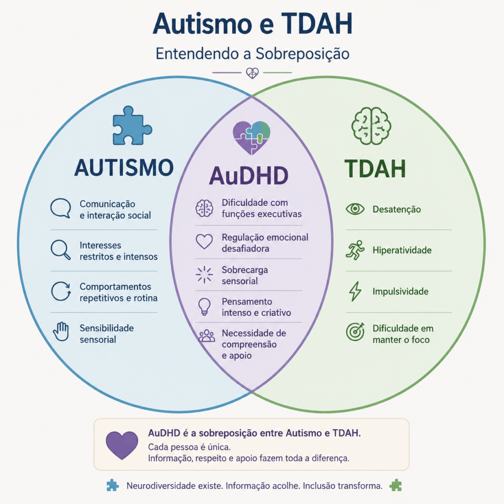 diferença entre autismo e TDAH - diagrama mostrando sobreposição dos dois transtornos.