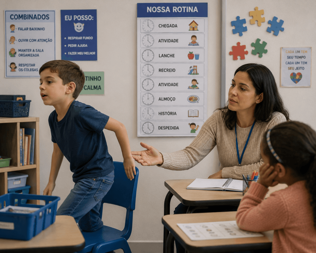 sintomas de autismo e TDAH em criança na sala de aula