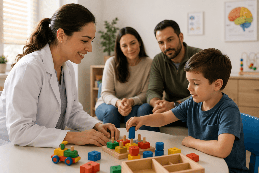 autismo e TDAH - criança autista sendo avaliada por neuropediatra em consultório